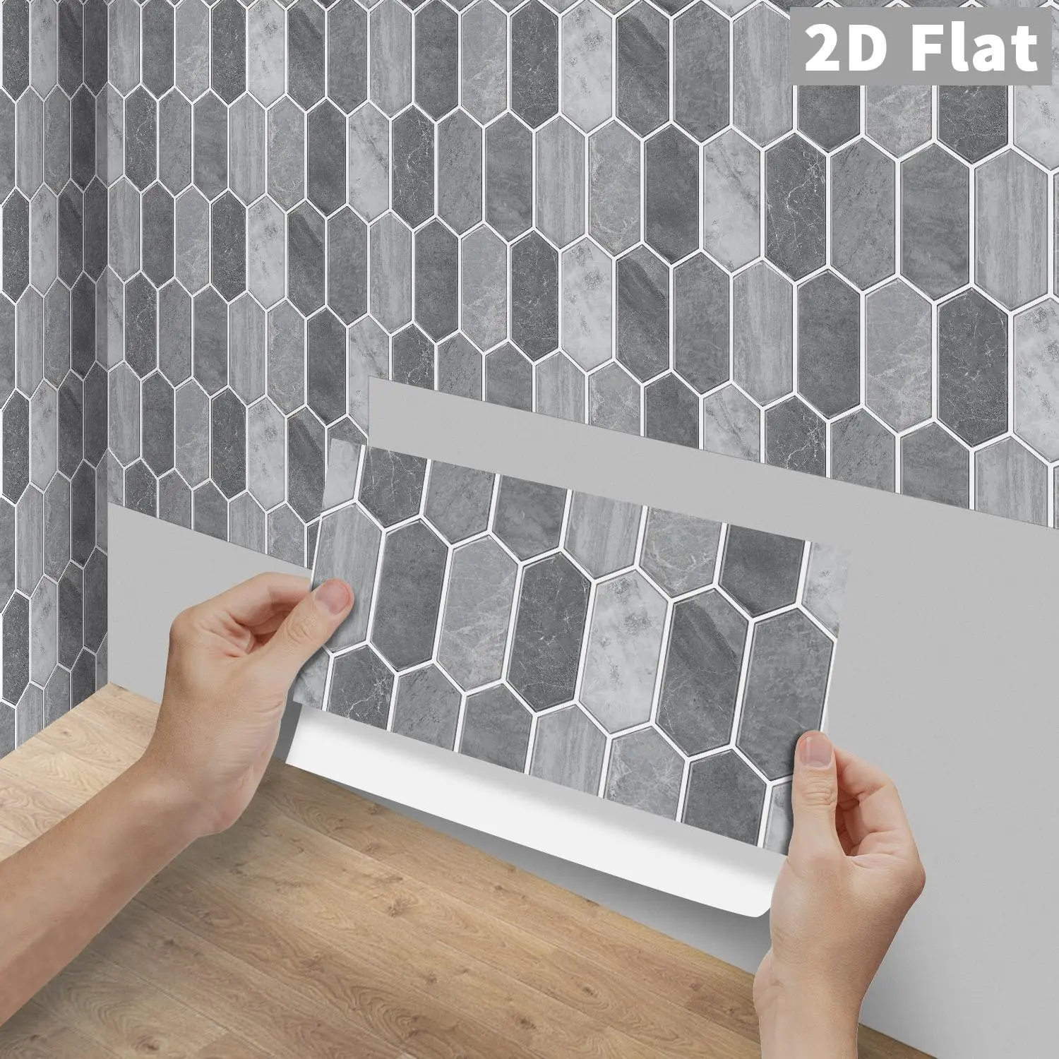 6/12/24/48Pcs FG Light Grey Long Hexagon Marble Tile Stickers, Peel&Stick Waterproof Backsplash Kitchen Bathroom DIY Decor