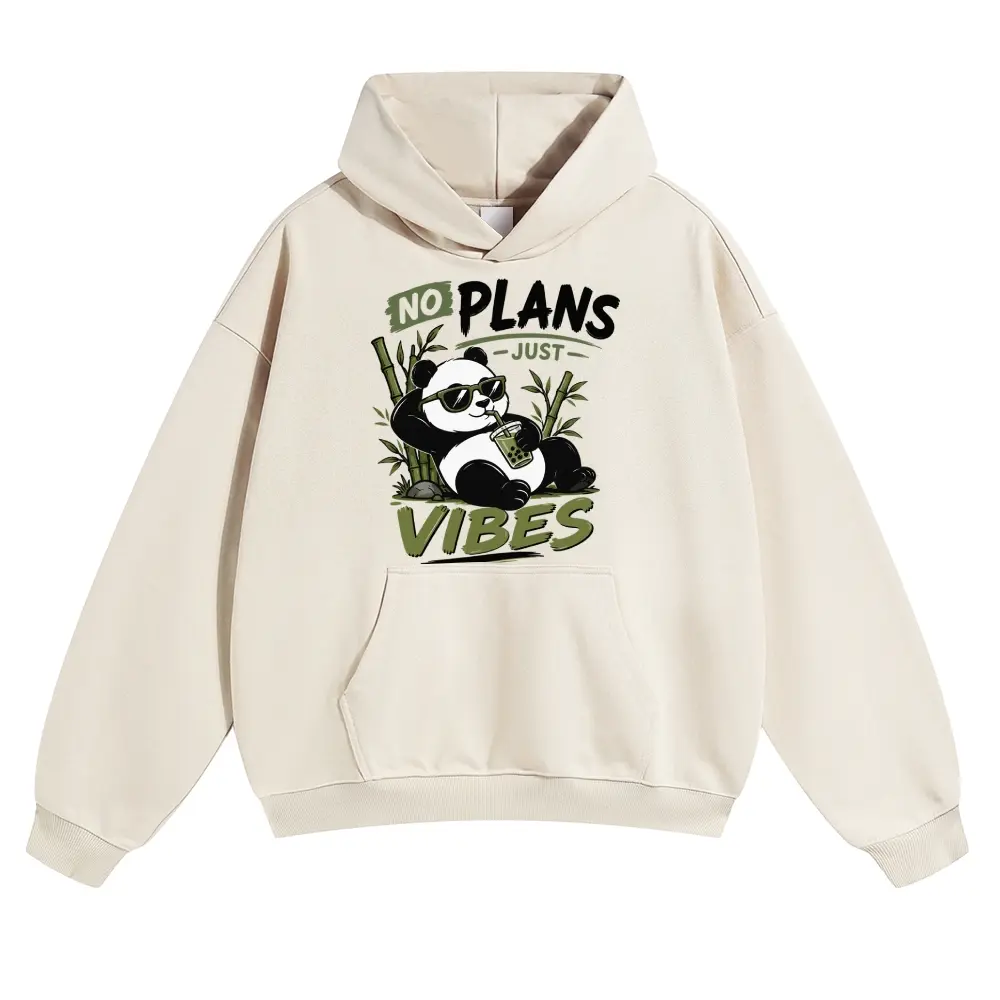 Unisex NO PLANS JUST VIBES Panda, Bamboo & Pearl Milk Tea Graphic hoodie Personalized Pattern Y2k Clothing Round Neck hoodie,Women's Clothing 100% Cotton, Menswear, Top, Vintage Style,Summer Casual Oversized