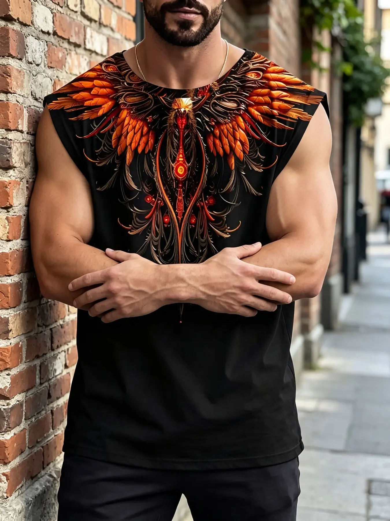 Vintage Phoenix Wing Full Print Men's Sleeveless Vest, Base National Trend Cape, Bold Wings Print Fitness Loose Fit Sports Jacket