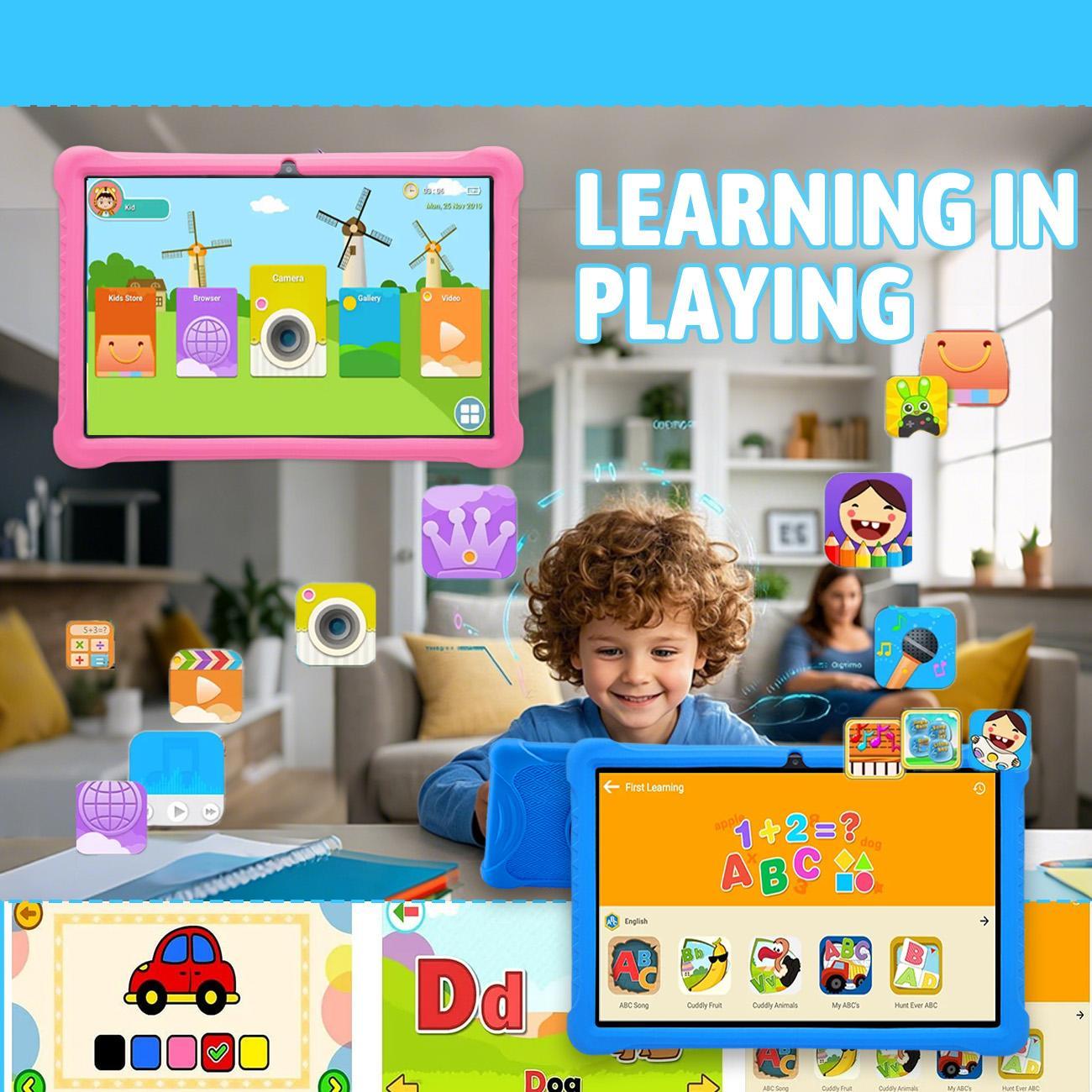 10.1 Inch Android Tablet, Parental Control Tablet with Shockproof Case, Dual Camera Tablet for Learning & Entertainment