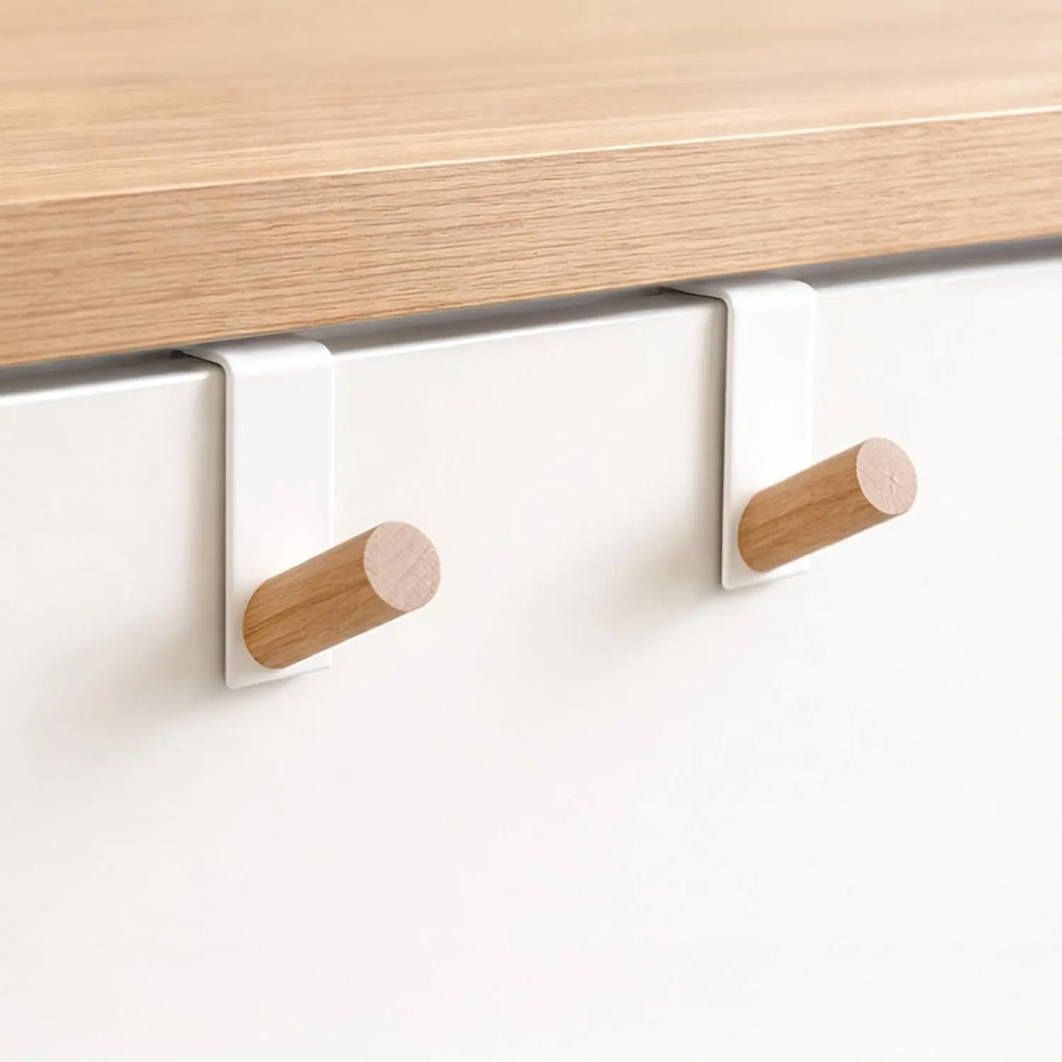 Modern Kitchen & Bathroom Cabinet Drawer Over The Door Hanger Hooks - Matte White Coated Steel and  Beech  Pegs (2 PC)