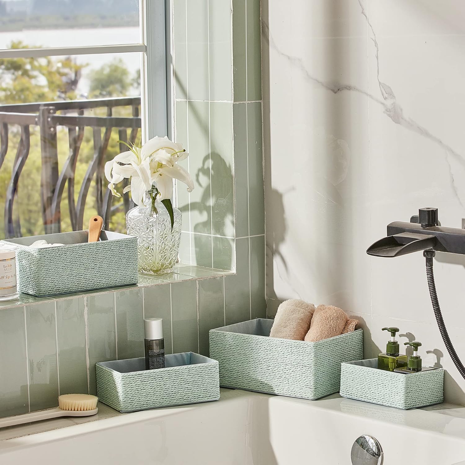 Storage Baskets Set 4 - Stackable Woven Basket Paper Rope Bin, Storage Boxes for Makeup Closet Bathroom Bedroom (Light Green)