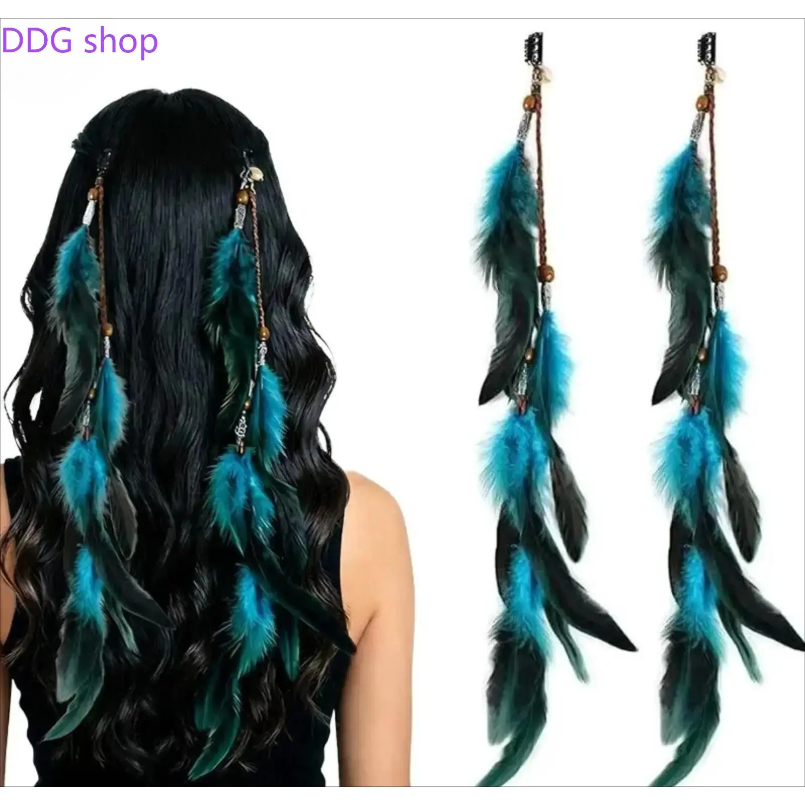 2 Pack Bohemian Natural Feather Hair Barrettes, Retro Indian Ethnic Wooden Bead Tassel BB Hair Clips, Hippie Long Pendant Hair Pins for Beach Vacation, Music Festival & Cosplay Outfit Decor