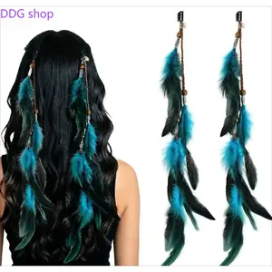 2 Pack Bohemian Natural Feather Hair Barrettes, Retro Indian Ethnic Wooden Bead Tassel BB Hair Clips, Hippie Long Pendant Hair Pins for Beach Vacation, Music Festival & Cosplay Outfit Decor