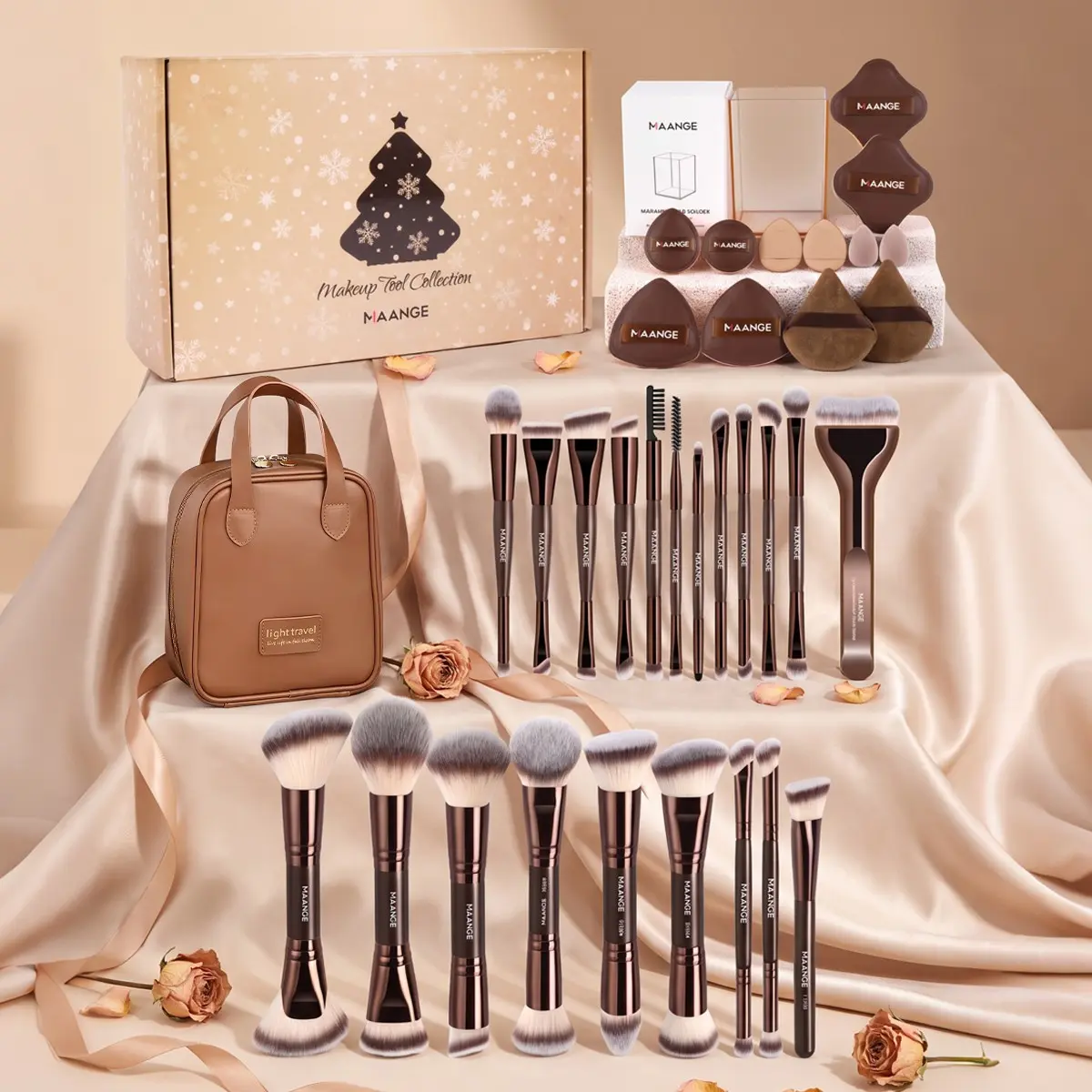 Professional Makeup Brush Set with 21 Brushes, 12 Puff Accessories, Storage Case, Handbag Gift Box, Perfect for Women and Girls