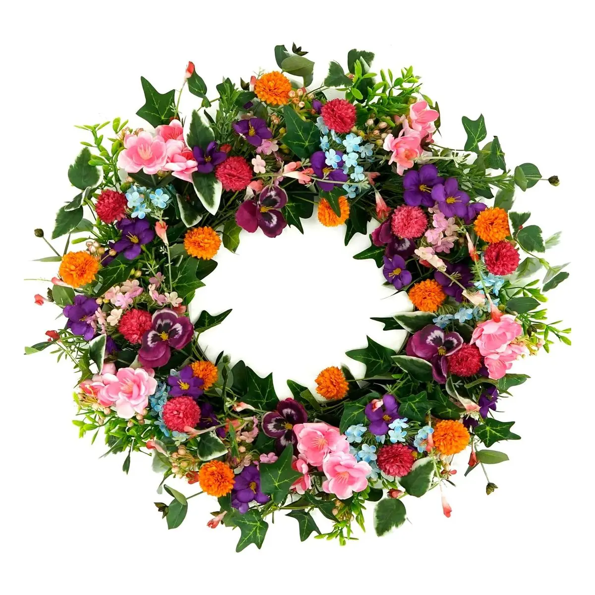 20-in Washable Polyester Multicolored Artificial Floral Wreath with Box - Spring Summer Pansy, Pink Cherry Blossom, Small Ball Chrysanthemum, Tulip Plants - Farmhouse Front Door, Bedroom Decor, Indoor/Outdoor Birthday Gift (1-Pack)