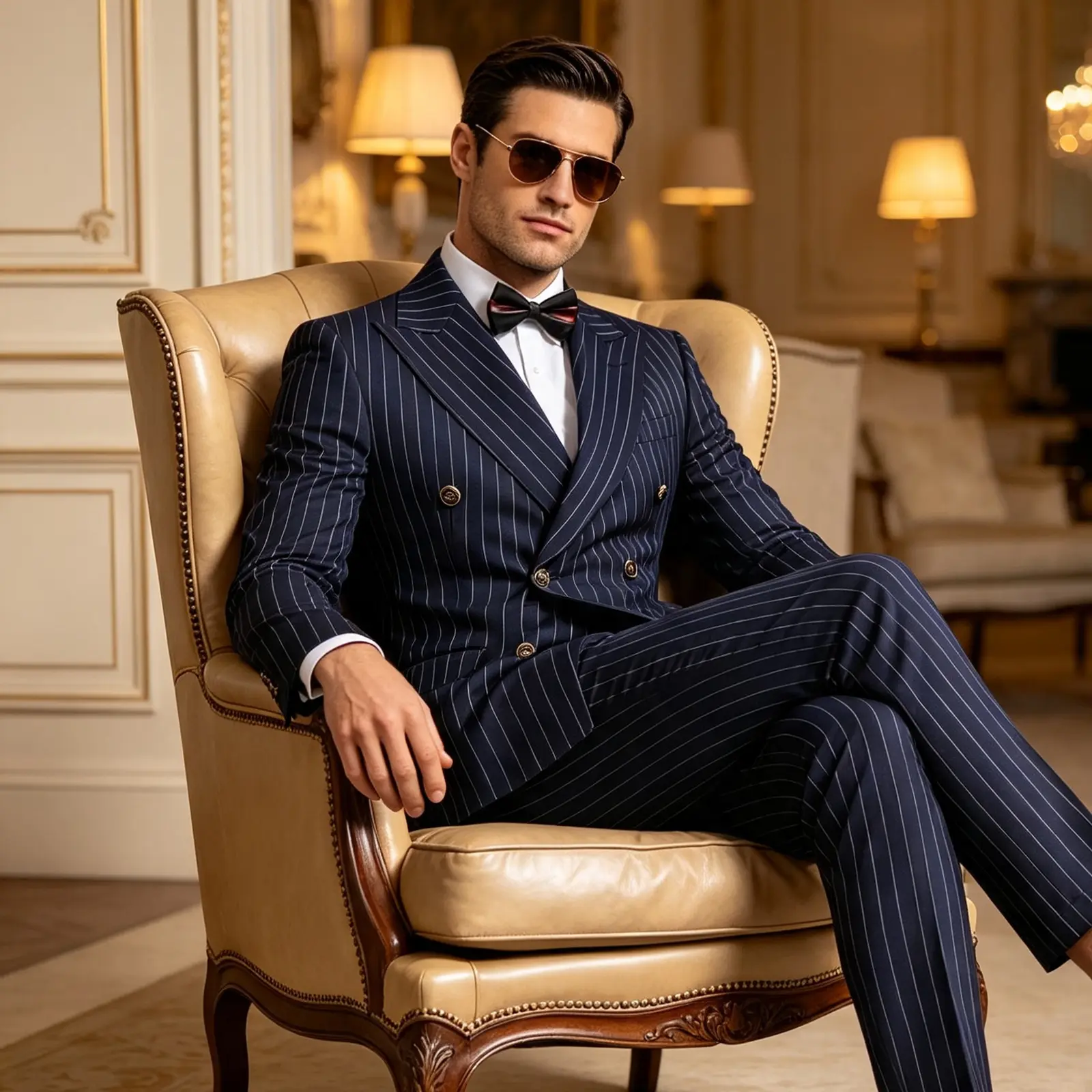Men's 2-Piece Navy Pinstripe Formal Suit - Double Breasted Peak Lapel Long Sleeve Blazer, Matching Trousers, Free Bow Tie - Fashion Vintage Menswear for Wedding, Business, Formal Wear