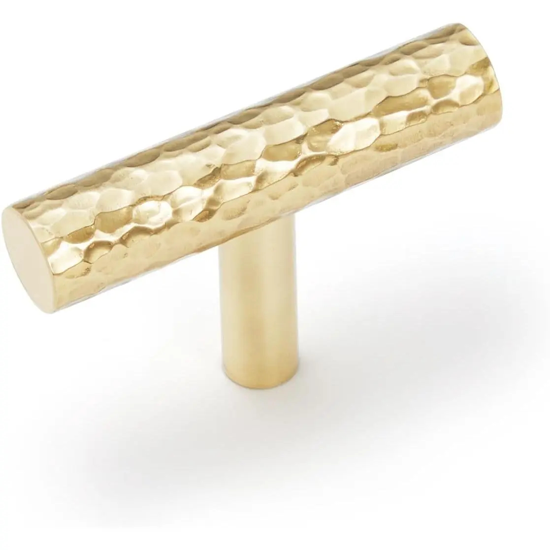 2-Pack Solid Brass Kitchen Cabinet Pulls,  Modern T-Bar Handles, Single Hole Hammered Knobs for Dresser Drawer Cupboard, 1-15/16 Inch  Length, Polished Finish