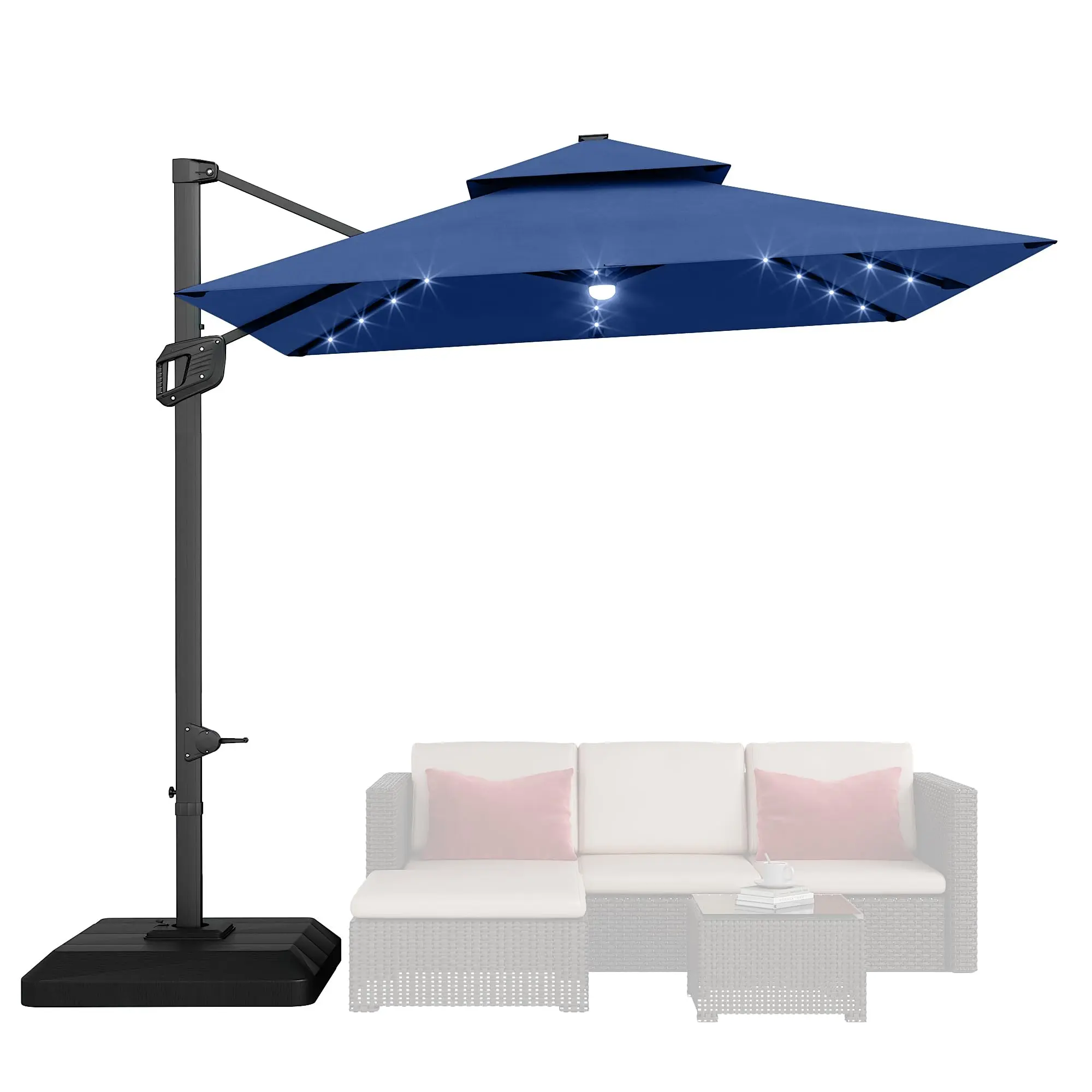 Solar LED Powered Square Offset Patio Umbrella, 10FT Double Tier Aluminum Frame Outdoor Canopy, 360° Full Rotation, Adjustable Tilt & Easy Crank, Great UV Blocking Yard Shade