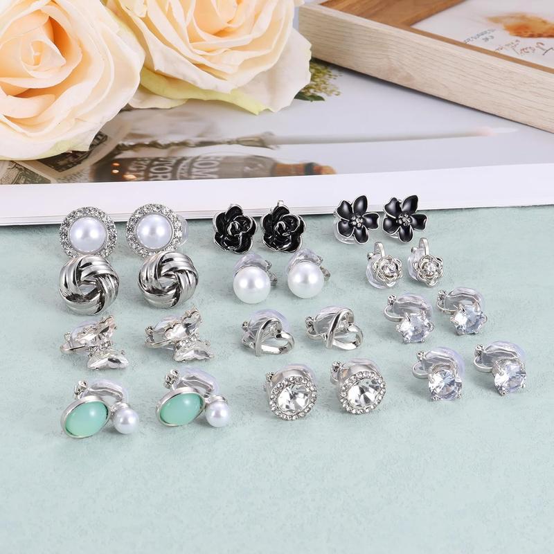 THUNARAZ 12 Pairs Retro Shining Ear Clips for Women Sparkling Crystal Clip Earrings Non Piercing Jewelry CZ Cute Butterfly Flower Pearl Clip on Stud Earrings Non Tarnish Jewelry Floral Men's Earrings Stack Goth Accessories for Christmas Gift