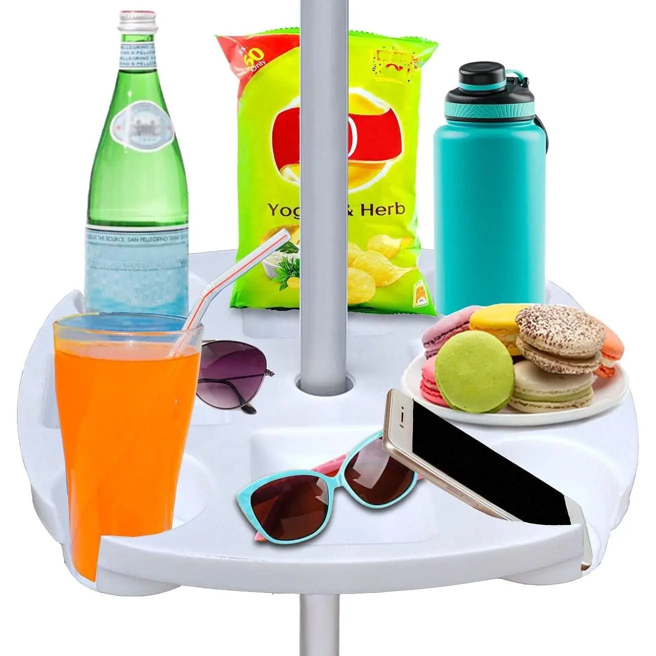17" Beach Umbrella Table Tray with 4 Cup Holders, 4 Snack Compartments for Beach, Patio, Garden, Swimming Pool 17 Inch, White