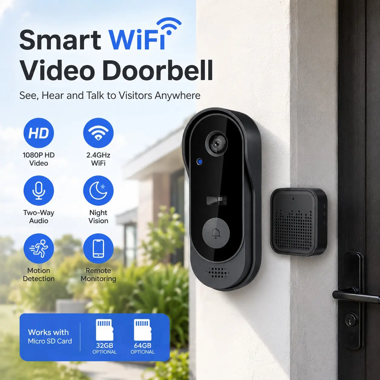 2.4G WiFi Smart Wireless Video Doorbell, Rechargeable Security Cam, Door Chime, Infrared Night Vision, Optional 32GB/64GB Memory Card, Indoor Outdoor Front Door Surveillance Camera, Wireless Doorbells for Home