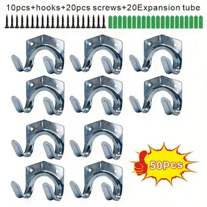 50Pcs Rust-Proof Heavy Duty Metal Wall Mount Tool Hook Set Thickened Double Prong Garage & Garden Storage Rack with 20 Screws and 20 Expansion Tubes Wall Organizer for Shovels, Rakes, Yard Tools, Workshop & Shed Storage