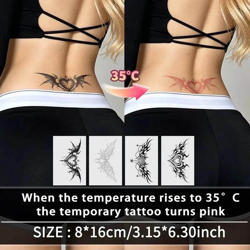 Thermal Color-Changing Butterfly Heart Wings Temporary Tattoos, Waterproof, Realistic Fake Tattoos, Body Fake Tattoos, Ephemeral Tattoos for Waist, Abdomen, Chest, Back, Legs