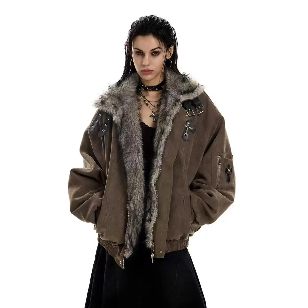 Women’s vintage Harajuku-style aviator jacket with faux fur collar, thick distressed canvas fabric long sleeves, cross patch details and retro styling—fashionable, casual, durable outerwear