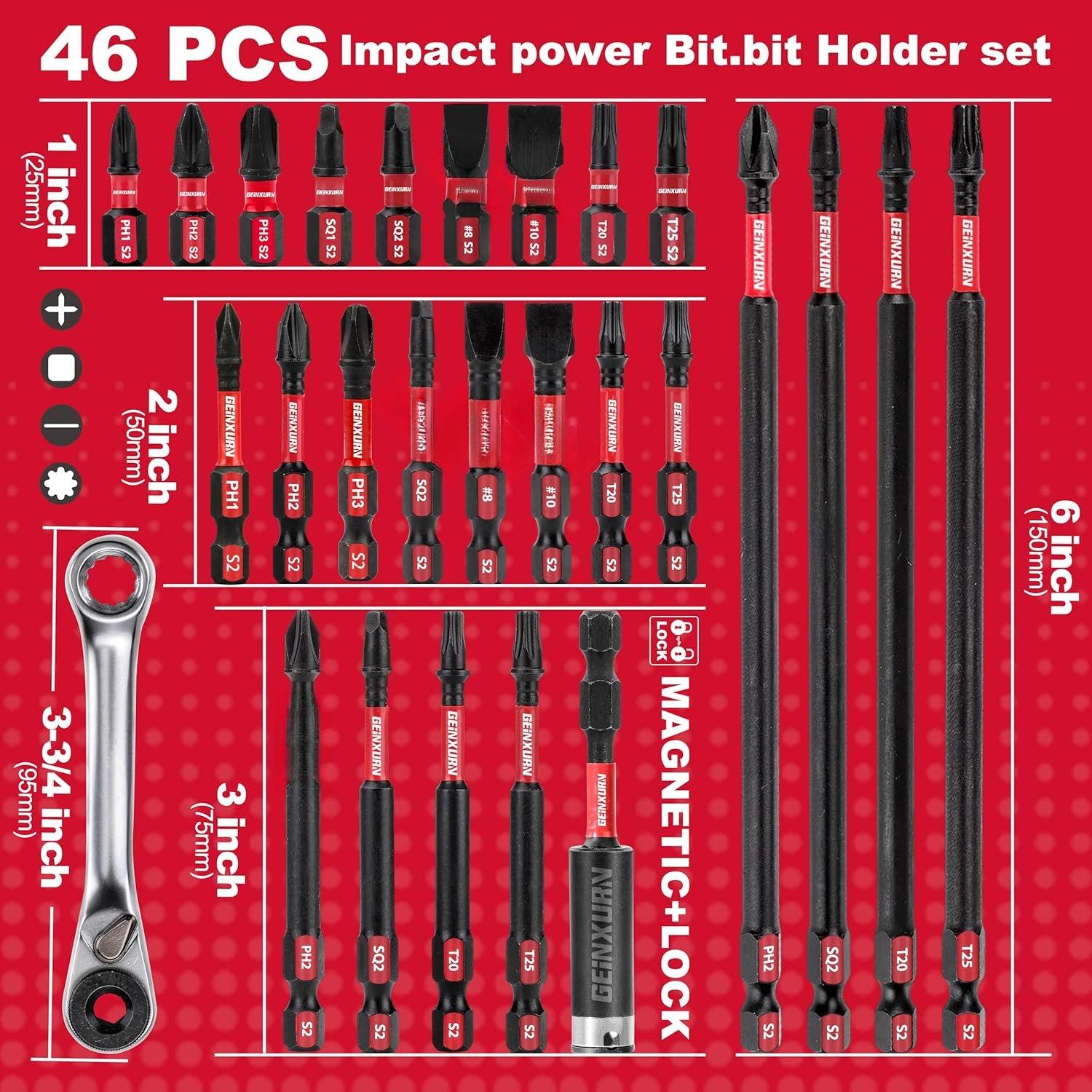 Impact Tough  Mixed 46Pack Insert Driver Bits, S2 Alloy Steel  Power Bits Set with 1 count Impact  Bit Holder and Mini Wrench