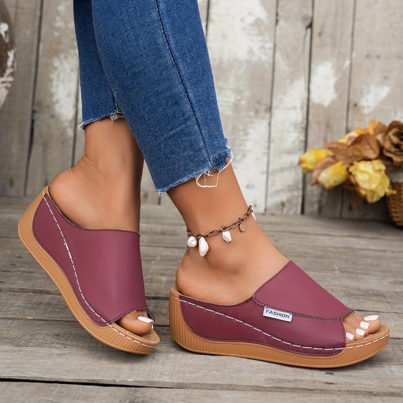 Women's Comfortable Arch Support Slide Sandals - Breathable, Stylish, Soft Sole, Mid-Heel, Open Toe With Faux Cover Straps - For Casual Attire In Maroon, Black, White, Blue, And Brown, Ladies Sandals