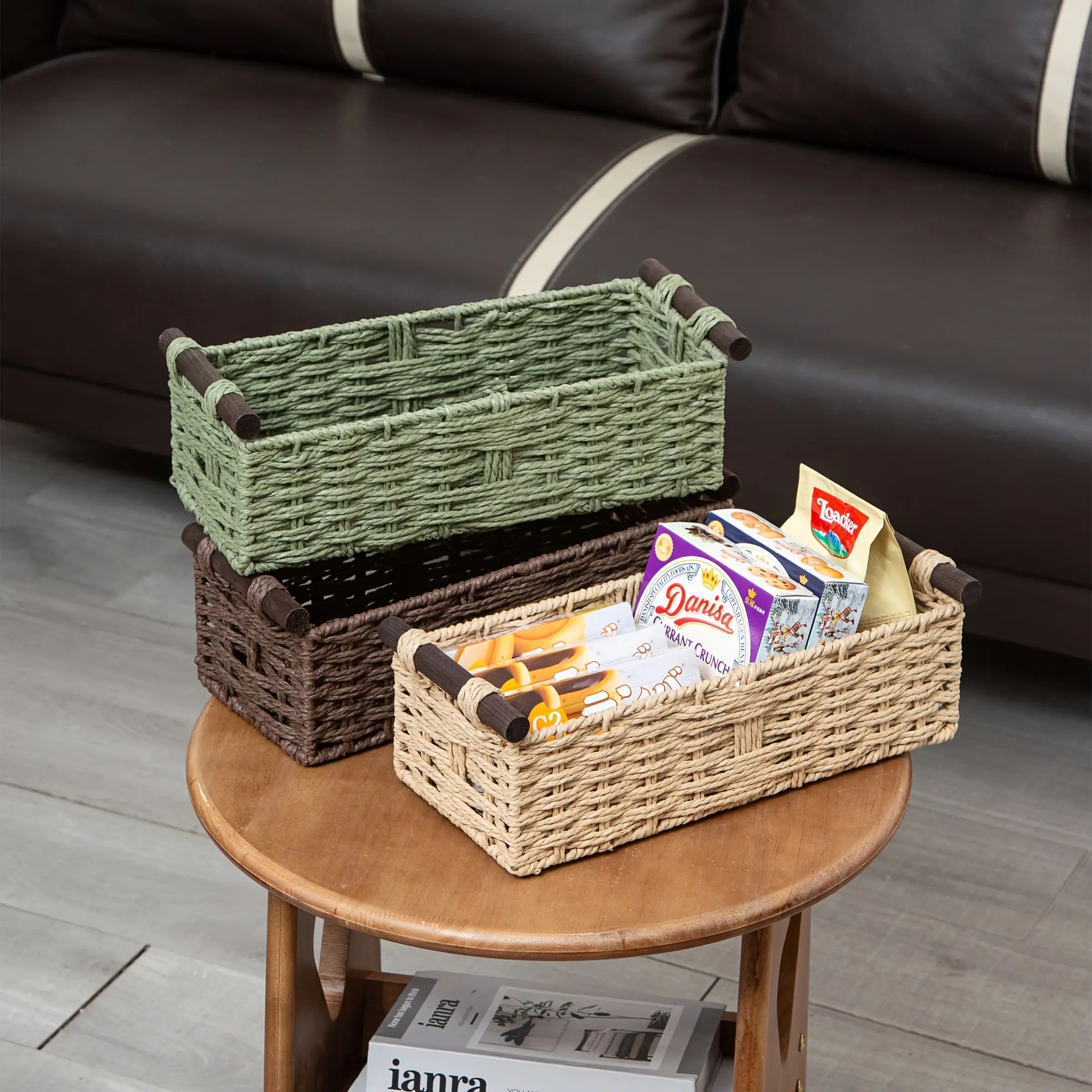 1 Home Woven Storage Basket with Wooden Handle, fall decorations for home, Paper Rope Storage Box for Countertop Storage, Shelf Basket, Living Room, Bedroom, Dressing Table Storage