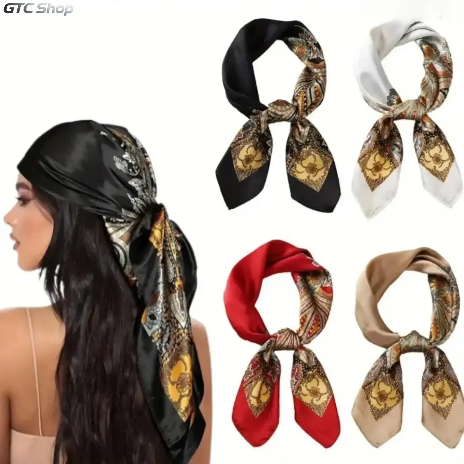 Women's 4‑Piece 27‑Inch Satin Silk Square Headscarf Set, Elegant Soft Motif‑Print Satin‑Lined Bandana Head Wrap, Versatile Neckerchief Fabric Accessory for Daily Styling & Date‑Night Outfits