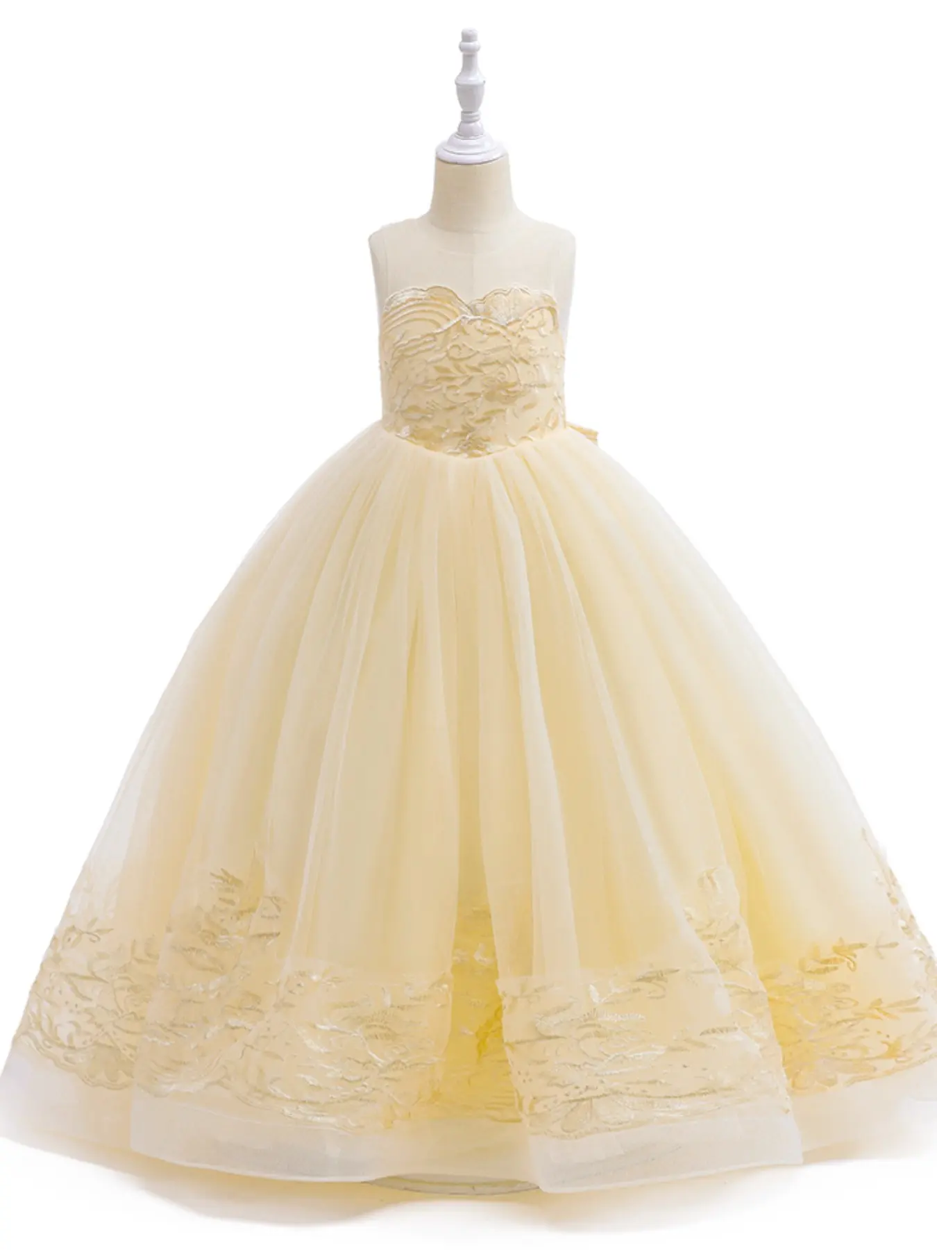2 to 13 Years Kids Clothes Embroidery Lace Tulle Champagne Maxi Dress Flower Girls Bow Long Ball Gown Pageant Stage Performance Frock Children Elegant Princess Prom Host Birthday Formal Evening Party Banquet Dresses for All Season Lovely Bow Dress