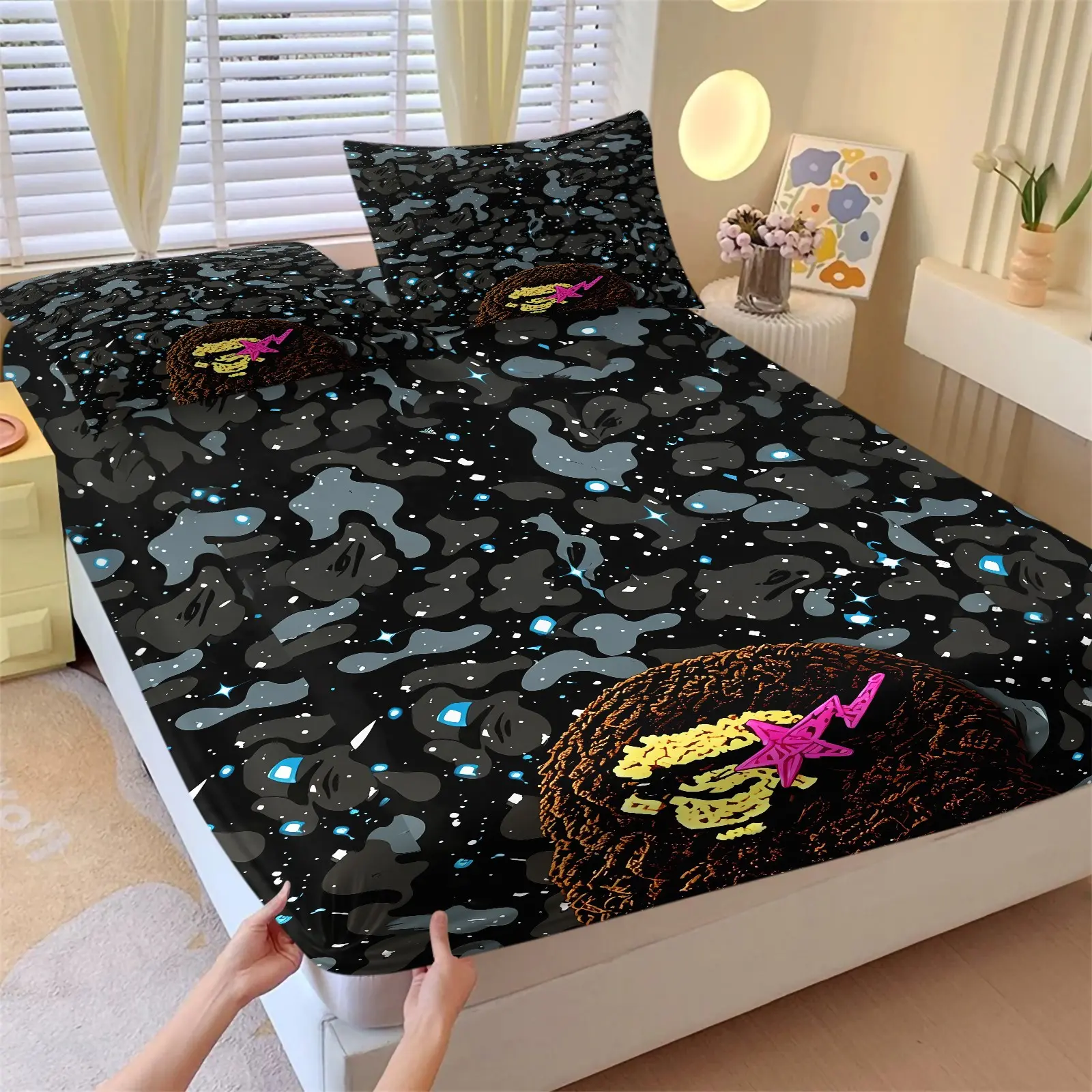 Dark Night Starry Sky Camouflage Ape Fitted Sheet Set & 2 Pillowcases, Monkey Face with a Pink Star Lightning Design, Soft Non-Slip Deep Pockets, Boys' Trendy Bedroom Dark Gaming Room Youth Dorm Decor