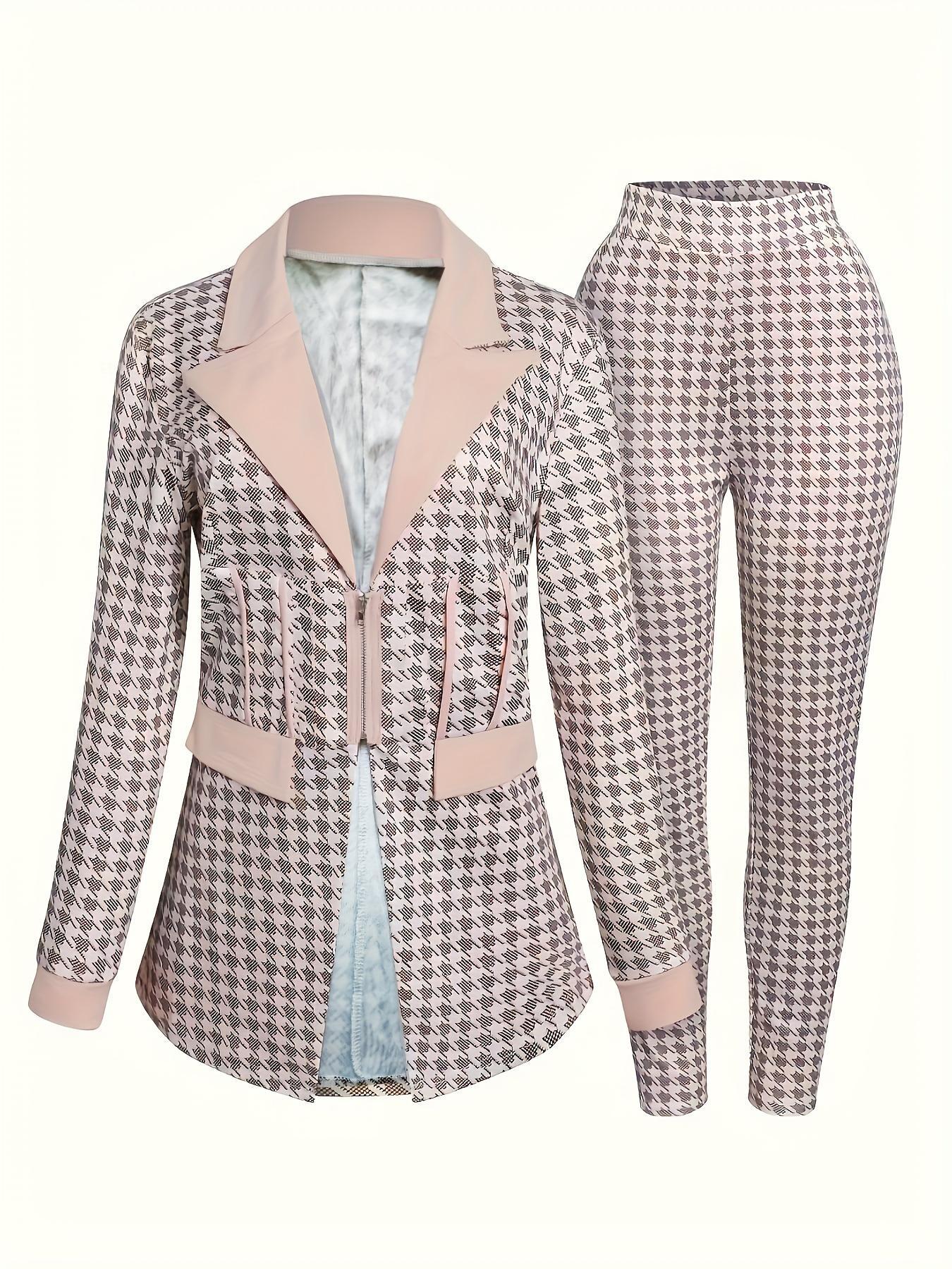 Two-Piece Set Women's Houndstooth Print Blazer & Skinny Pants, Elegant Formal Fashion Casual Comfy for Daily Outdoor Wear, Ladies Clothes for All Seasons