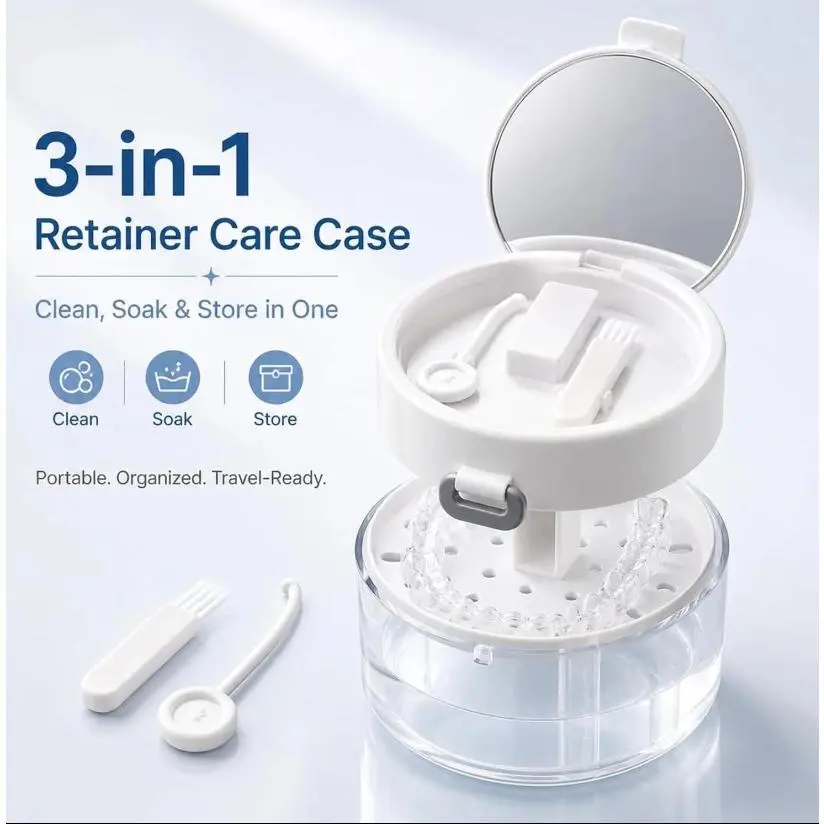 Silicone 3-in-1 Leak-Proof Denture Bath Box - Large-Capacity Bathroom Tumbler with Built-in Mirror, Cleaning Brush, Long Nail-Friendly Removal Tool, Strainer Basket for Invisalign Retainers