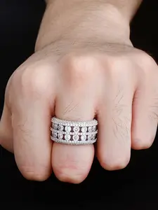 14K Gold Plated Two-Row Oval Cut CZ Diamond Eternity Band Ring for Men, Full Paved Micro Pave Iced Out Bling Hip Hop Statement Wedding Ring, Rapper Luxury Jewelry Gift