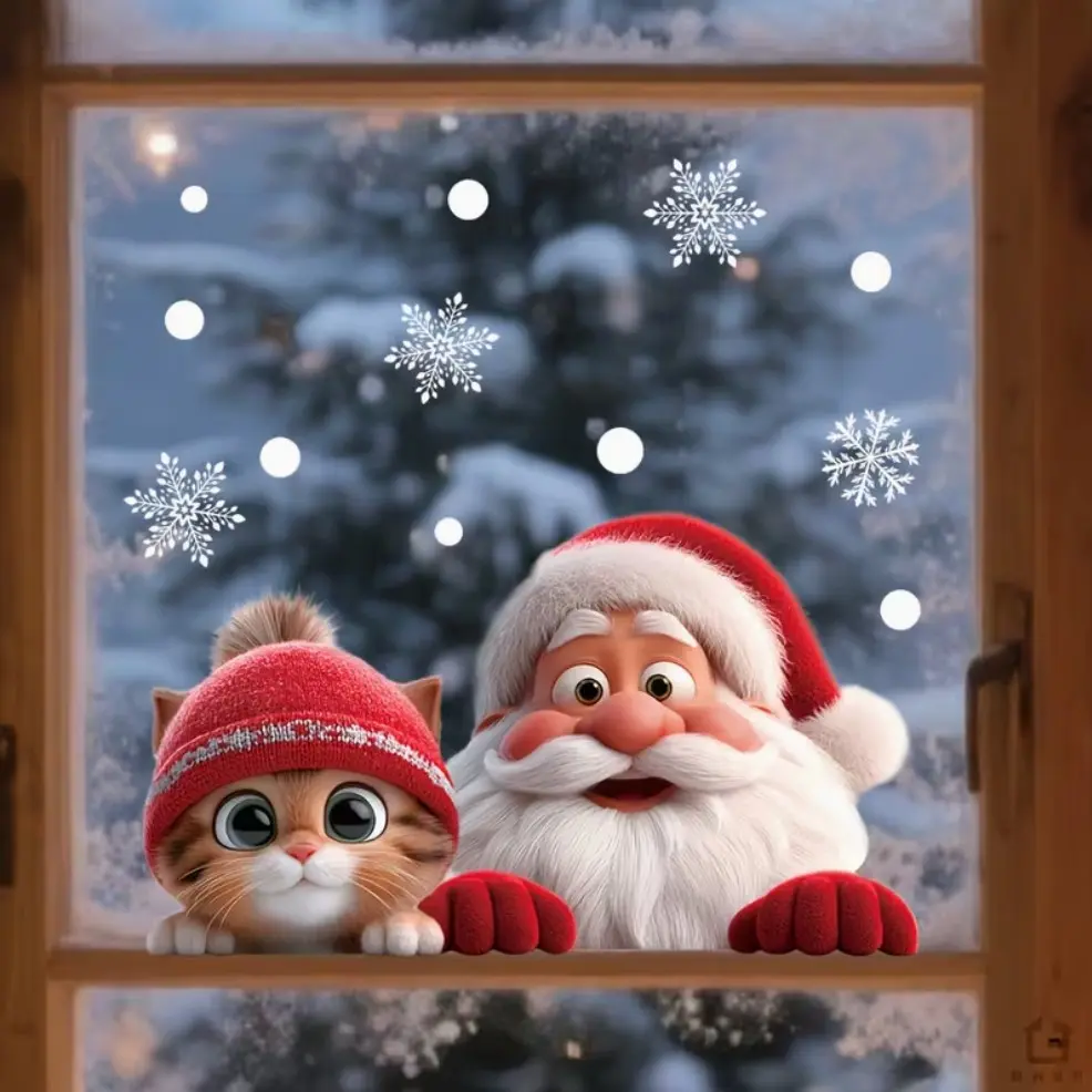 1pc Christmas Window Decoration Sticker, Santa Claus and Cute Cat Combo Cling Sticker, with Snowflake and Polka Dot Elements, Window Cling Glass Sticker, Suitable for Mall Display Windows, Christmas decoration