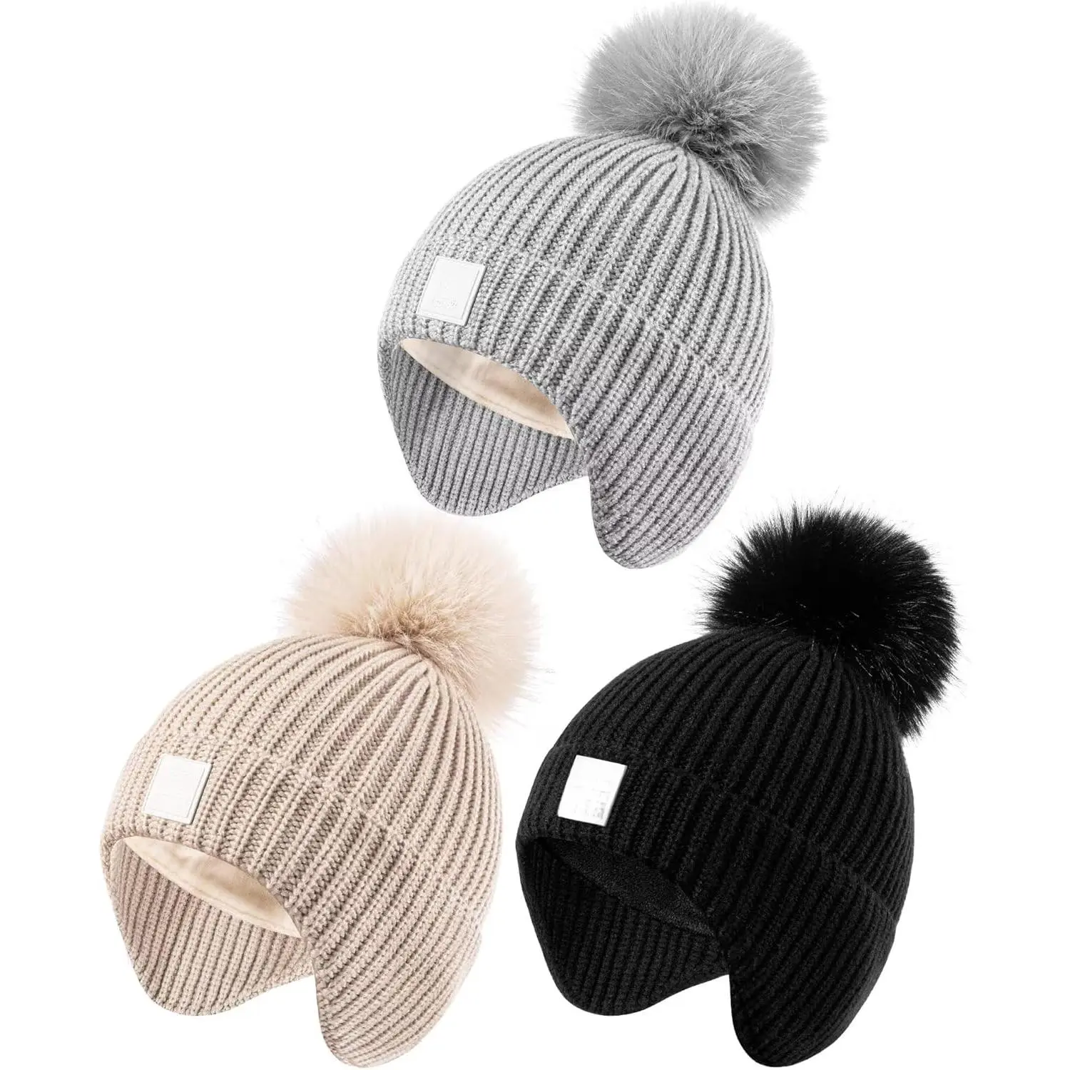 3 Pack Smiley Face Baby Earflap Hats Beanie Set - Prop 65 Safe, 2 Sizes Winter Pompom Hats for Toddler Boys Girls Protective Bonnets
