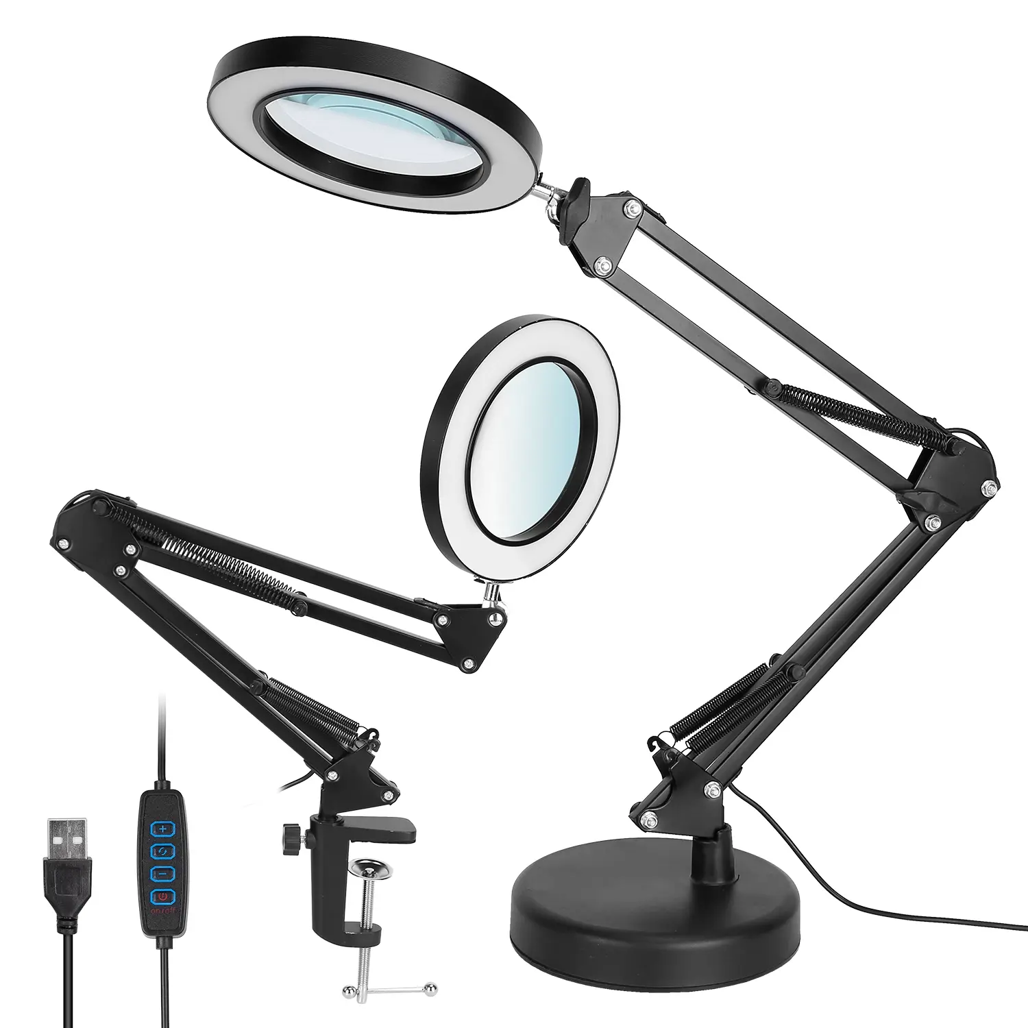 2-in-1 LED Magnifying Lamp, 8X Magnifying Glass Desk Lamp with Swing Arm & Clamp Stand, USB Reading Light with 10 Brightness Levels and 3 Modes