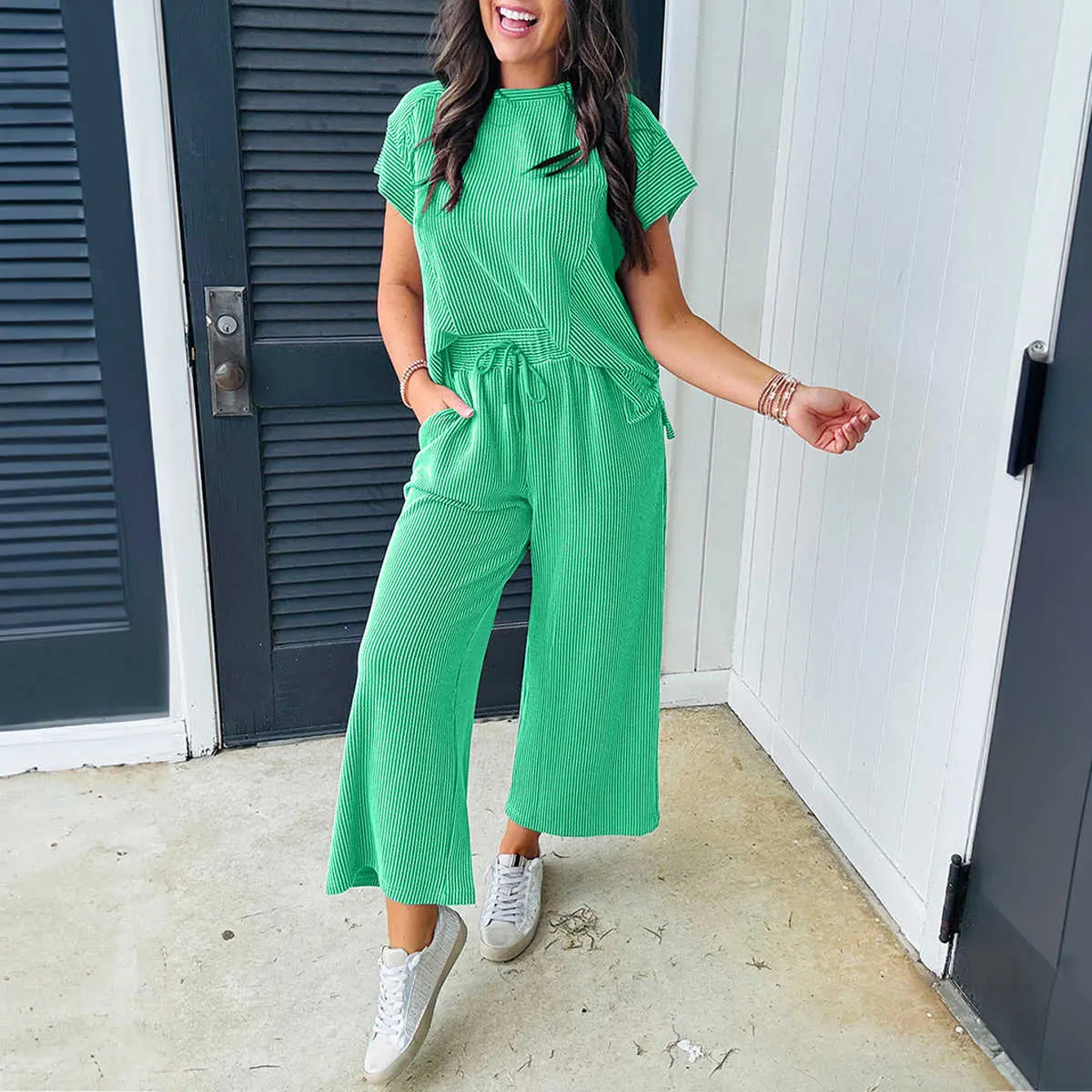 Women's Corded Knit Two-Piece Pants Set, Short-Sleeve Crew Neck Top & Wide-Leg Drawstring Pants, Casual Travel Outfit