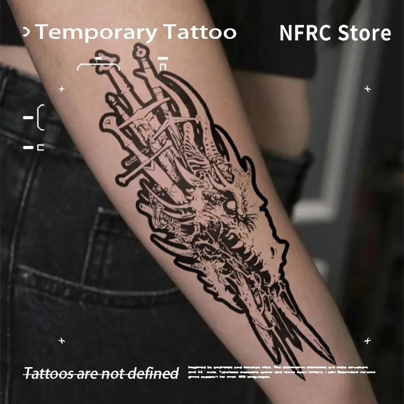 Dark Dragon Head Multi‑Sword Engraving Herbal Juice Temporary Tattoo Semi‑Permanent Waterproof Long‑Lasting Hardcore Fake Tattoo Stickers for Forearms Men Women
