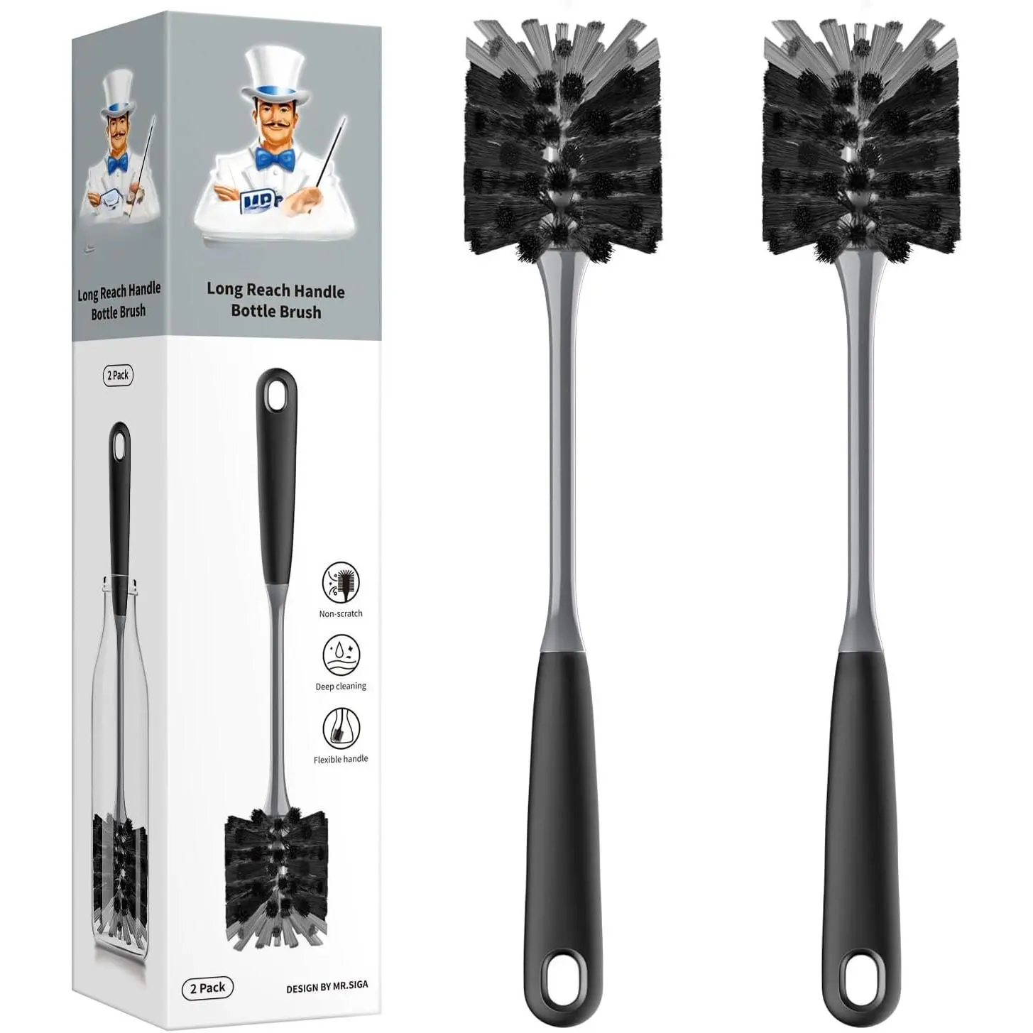 Long Handle Bottle Brush, Non-Scratch Water Bottle Brush Cleaner | 2 pack bottle brushes for cleaning, drinking glasses brush with non slip handle, 5.8 cm(2.3 inch) wide brush