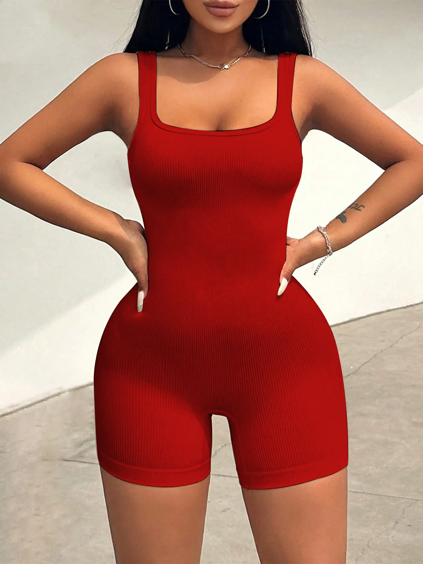 Women's Ribbed Shapewear Jumpsuit, Waist Cinching Butt Lifting, Slimming Flat Short Pants, Pure Color Sports Yoga Jumpsuit, All Seasons Casual Style