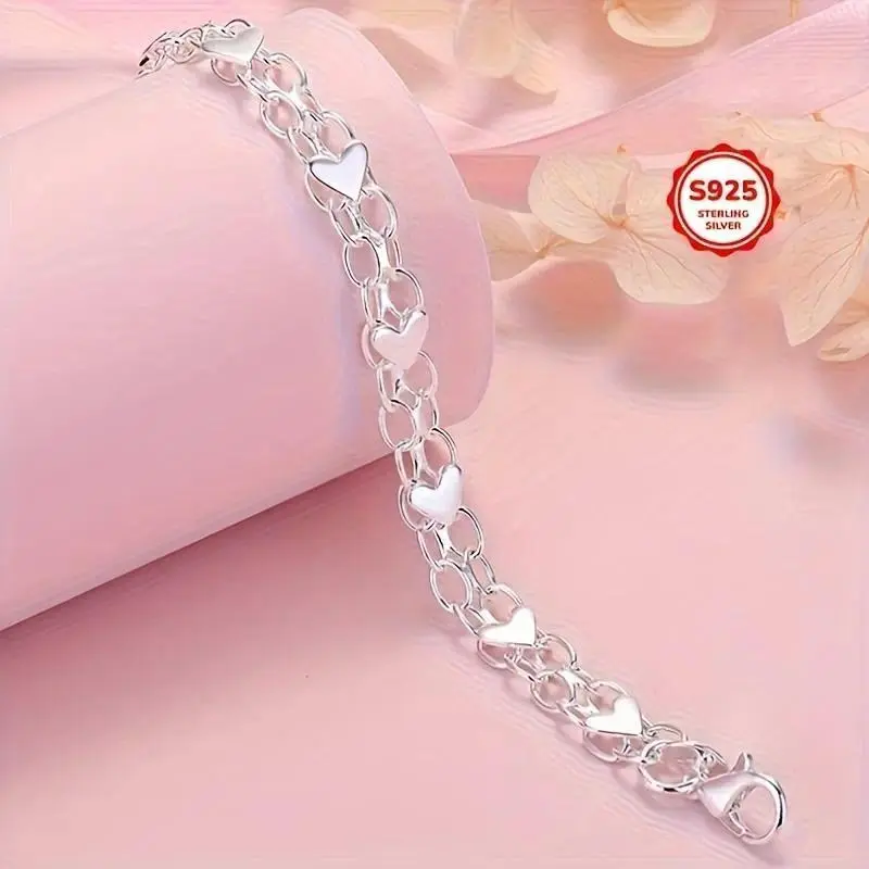 925 Sterling Silver-Tone Heart Link Bracelet - Dainty Interlocking Heart Chain, Hypoallergenic Everyday Accessory for Women, Romantic Anniversary Gift with Coquette Aesthetic