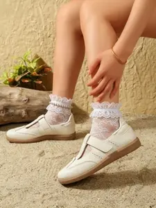 Lolita Style Mary Jane Sneakers for Women - White Lace Ruffle Socks Included, Casual Sporty Flat Shoes, Non-Slip Soft Sole, Cute T-Strap Design for Daily Wear