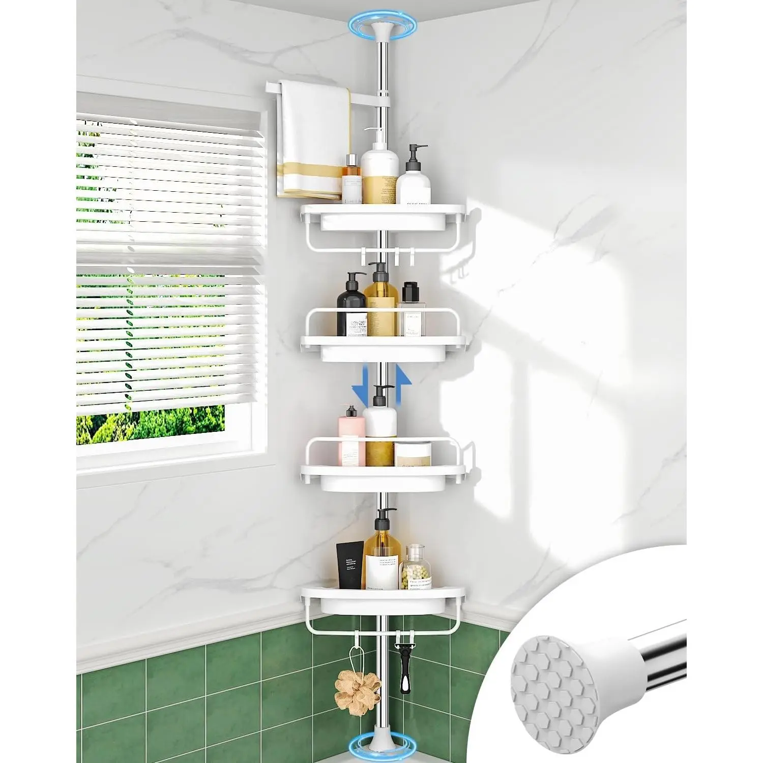 Corner Shower Caddy Tension Pole, Extendable Rustproof Stainless Steel Pole & 4-Tier Adjustable Shelves for Easy Drainage and Built-to-Last Stability, 34 to 116 Inches, White