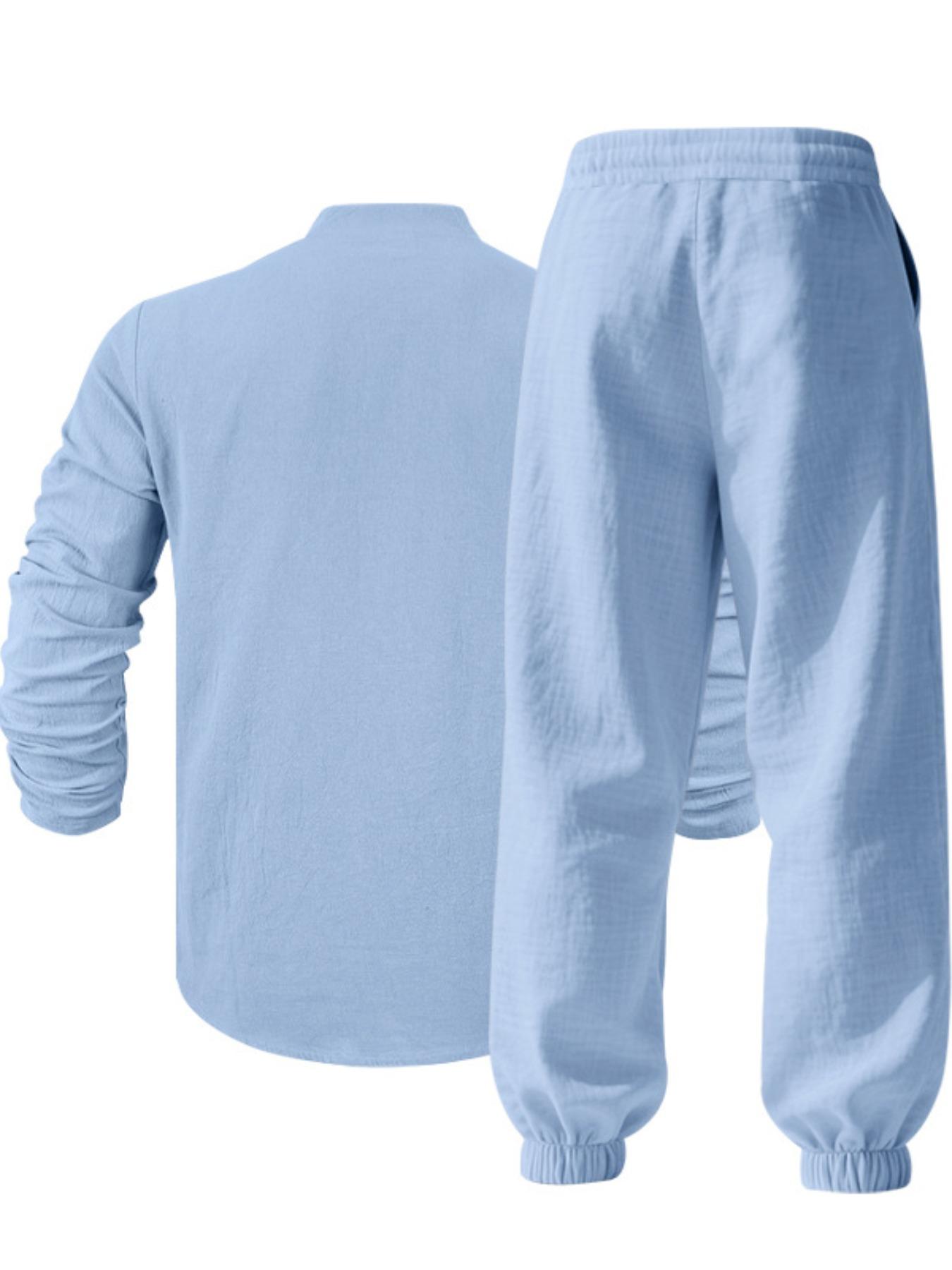 Men's Casual Long Sleeve Cuban Henley Shirt & Loose Pants Set, Beach Vacation, Comfortable Breathable Linen Fabric, Spring Summer Fashion