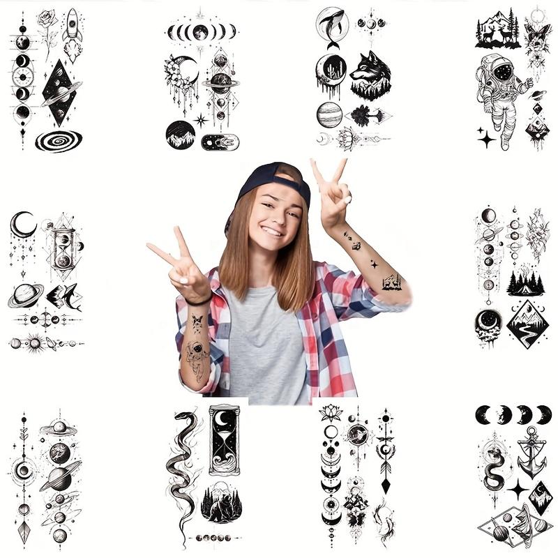 10 Pieces Black Space Temporary Tattoo, Geometric Planet Fake Tattoo Sleeves, Suitable for Women Men Adult, 3D Star Moon Sun Solar System Tattoo Sticker Universe Astronaut Galaxy Arm Art Design-Easy to Apply and Remove, Durable and Durable.