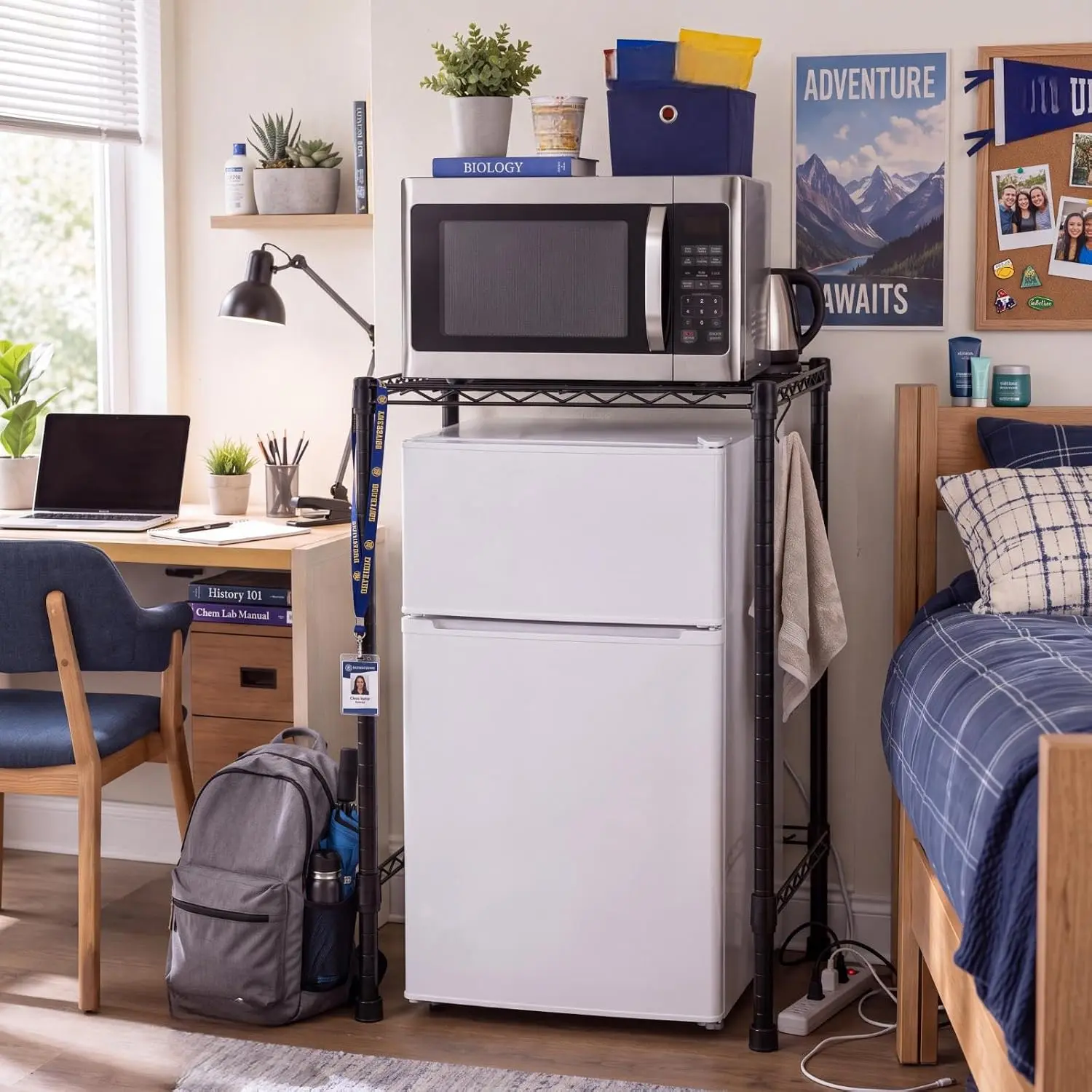 Mini Dorm Fridge Shelf Stand with Storage, Over Mini Fridge and Microwave Stand ,Carbon Steel Adjustable Refrigerator Storage Organizer for Dorm Room Apartment Kitchen(Black,Single Layer)