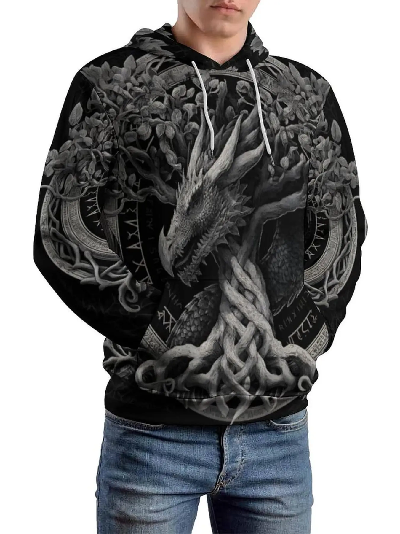 Black and White Celtic Tree of Life Dragon Vintage Rune All-Over Print Hoodie