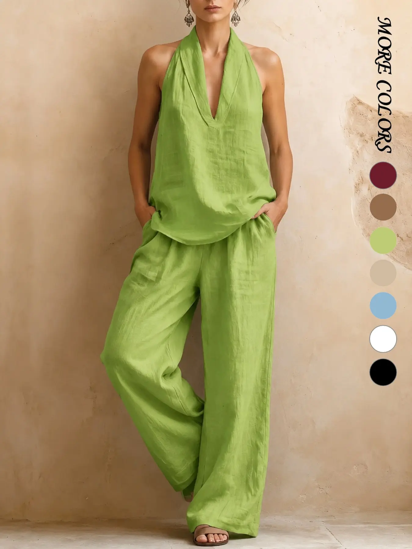 Women's Two-Piece Set, Sleeveless Deep V Neck Top with Wide Leg Pants, Summer Casual Vacation, Loose-Fitting Loungewear, Chic