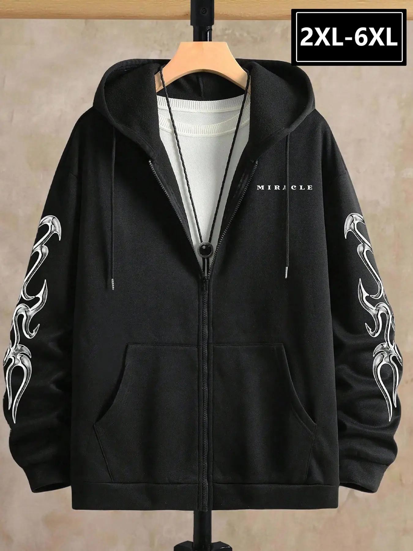 Men's Gothic Punk Aesthetics Zip-Up Hoodie, Loose Fit, Graphic Print, Casual Streetwear, Sizes 2xl-6xl, Comfortable & Versatile, All Seasons, Gothic Wing Hoodie
