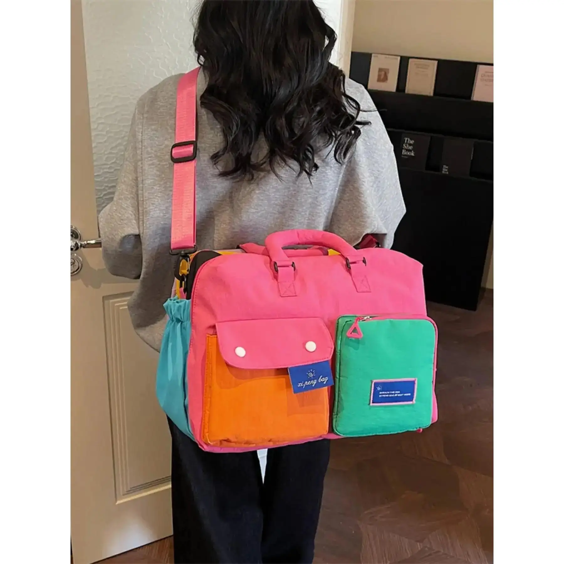 16.14inch Travel Tote Bag, Colorblock Foldable Fabric Bag, Multifunctional Portable Bag, Large Capacity, Dry/wet Separation, Casual Style, All Seasons, Student Backpack, Travel Bags