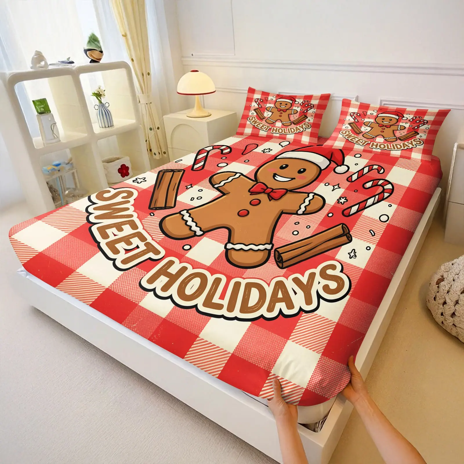 3PCS Christmas Cute Cartoon Gingerbread Man Fitted Sheet Set, Soft Fiber, Deep Pocket Wrinkle Resistant, Bedding for Bedroom Dorm, Holiday Gift, Multiple Colors Available