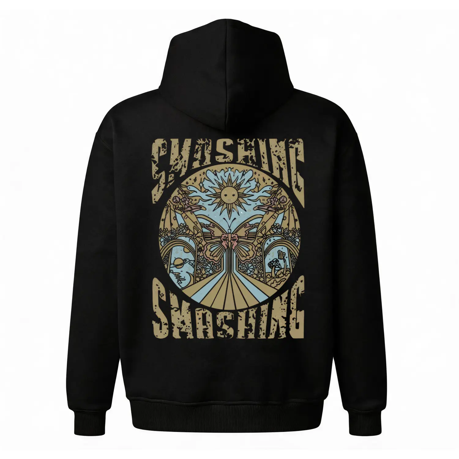 Vintage Psychedelic Sun Graphic Hoodie |   Boho Mandala Back Print |   Oversized Black Unisex Fleece Sweatshirt |   Retro 70s Aesthetic Streetwear ? ?