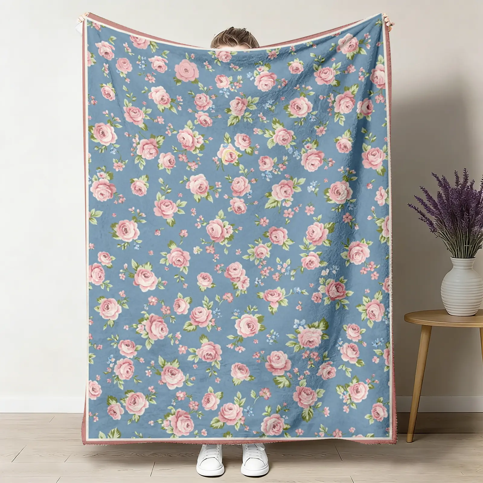 Classic Blue Rose Watercolor Floral Flannel Throw Blanket - French Cottagecore Cozy Style, Soft, Warm, Breathable, Durable, Wrinkle Resistant, Multi-Size (30x40in Small, 50x60in Medium, 80x60in Big for Adults), Family Couch Decor, Birthday Gift for Her, W