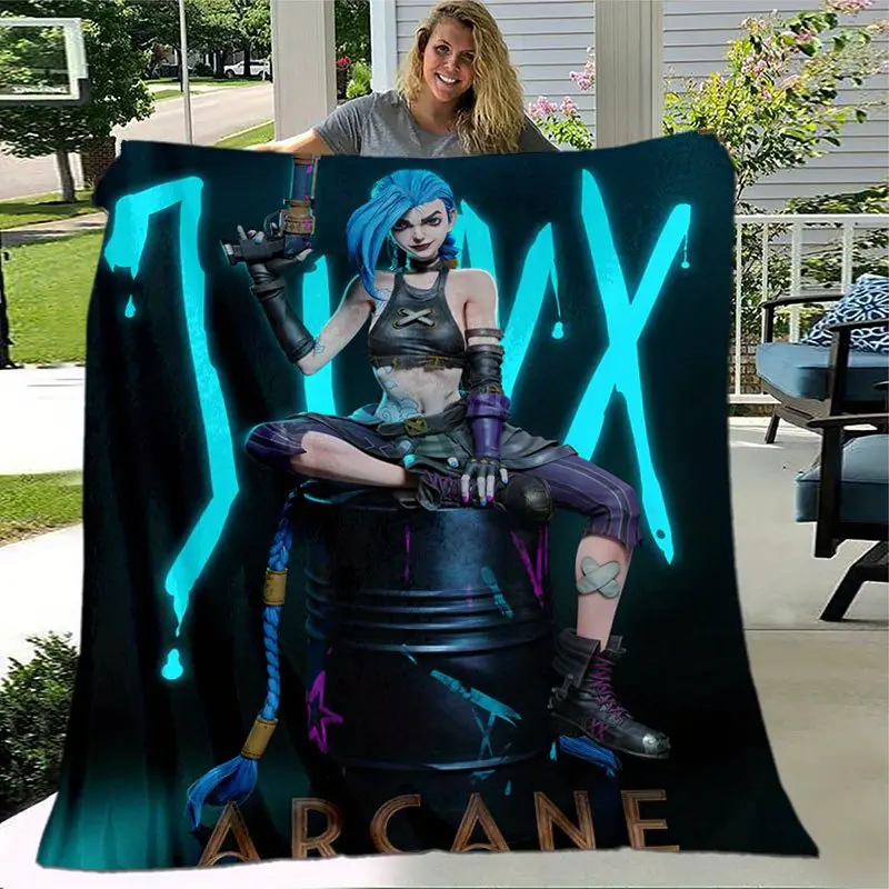 Arcane Jinx Central Neon Cyan Letter Dark Barrel Anime Flannel Throw Blanket Classic League of Legends Fan Soft Warm Blanket Gift for Neutral Arcane Fans All Ages