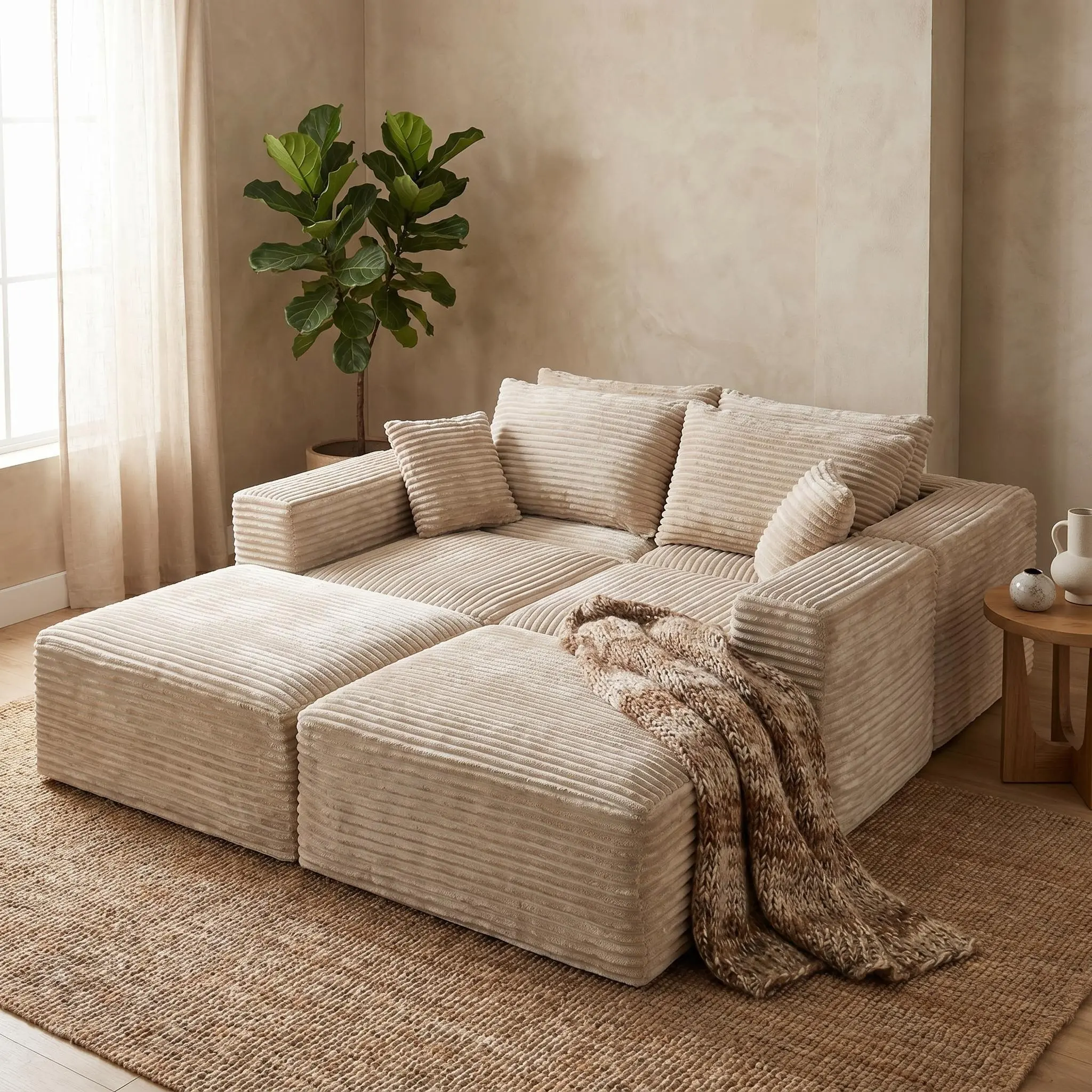 ARCH Upholstered Sectional Sofa 133.2" Corduroy Modular Floor Sofa with 2 Accent Pillows 6 Seat U-Shape Couch for Living Room Family Gathering Movie Night Game Room Large Sectional Couch Camel, Camel Color Options, Corduroy Material